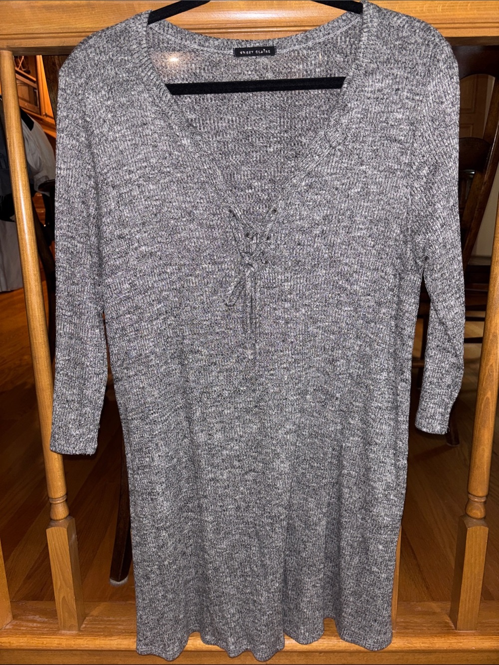 Sweet Claire Gray Knit Midi Dress with Lace-Up V-Neck